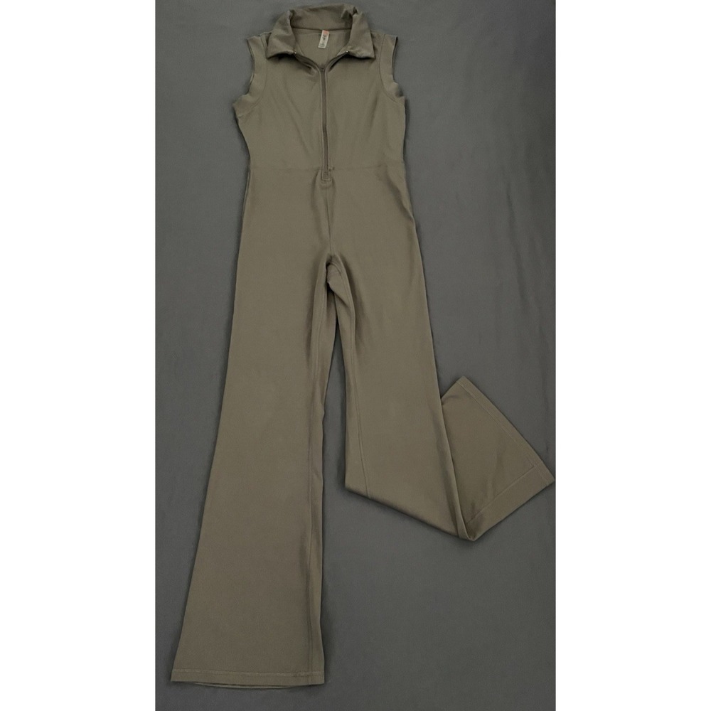 Mono B Blackout Jumpsuit Brown Womens Medium Sleeveless Zip Stretch Flare Leg